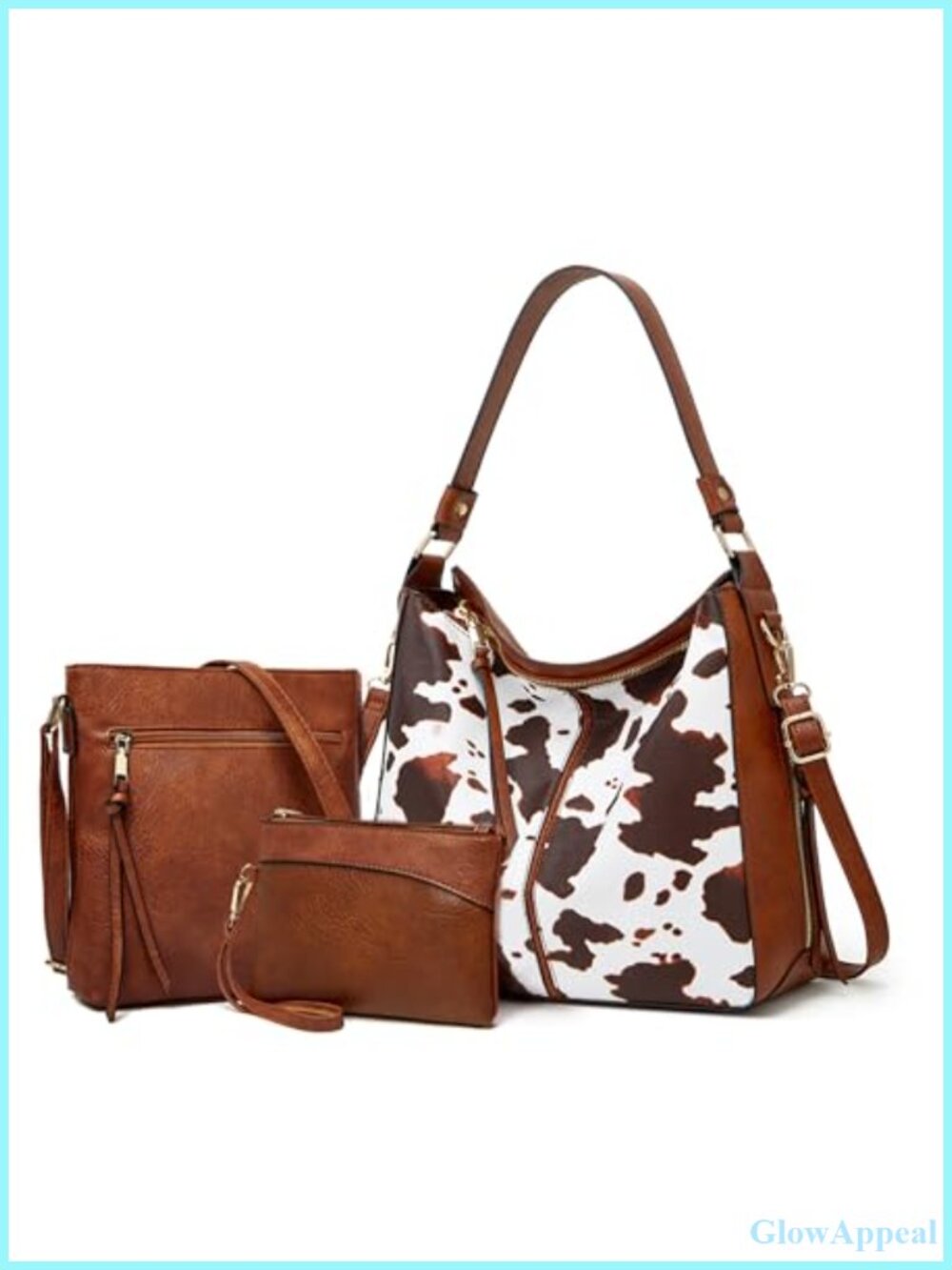 3 Pc Soft Textured PU Leather Cow Print Tote Crossbody Wallet Set